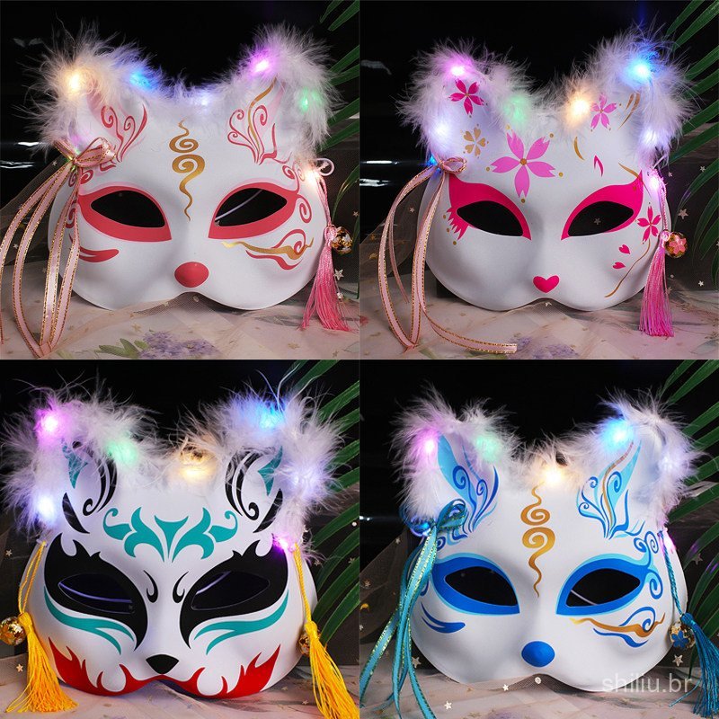 Nova máscara luminosa de raposa, máscara de estilo antigo para meninas, máscara 2D de estilo japonês, acessório de anime