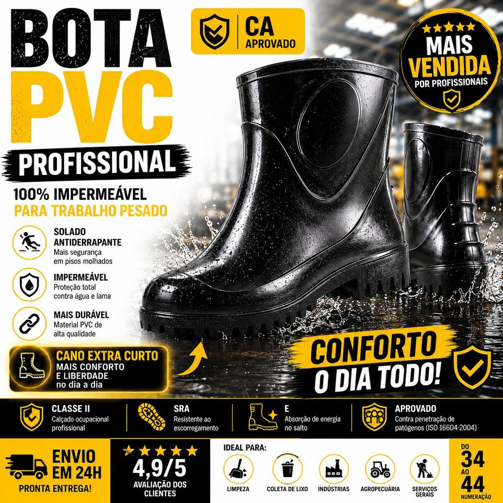 Galocha Bota PVC Impermeável Antiderrapante Cano Curto CA EPI Motoboy Chuva Limpeza Faxina Trabalho Preto