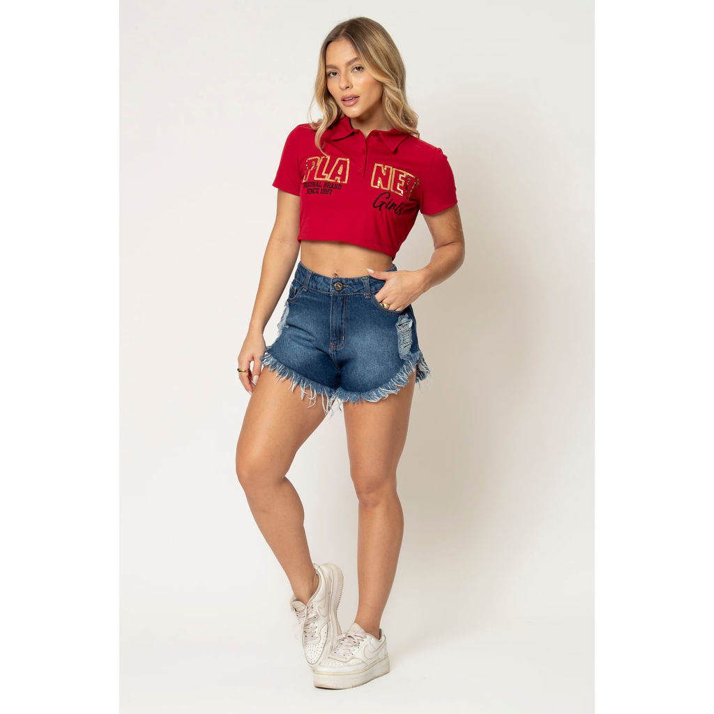 Polo Cropped Feminina em Paetê Planet Girls Vermelho Médio