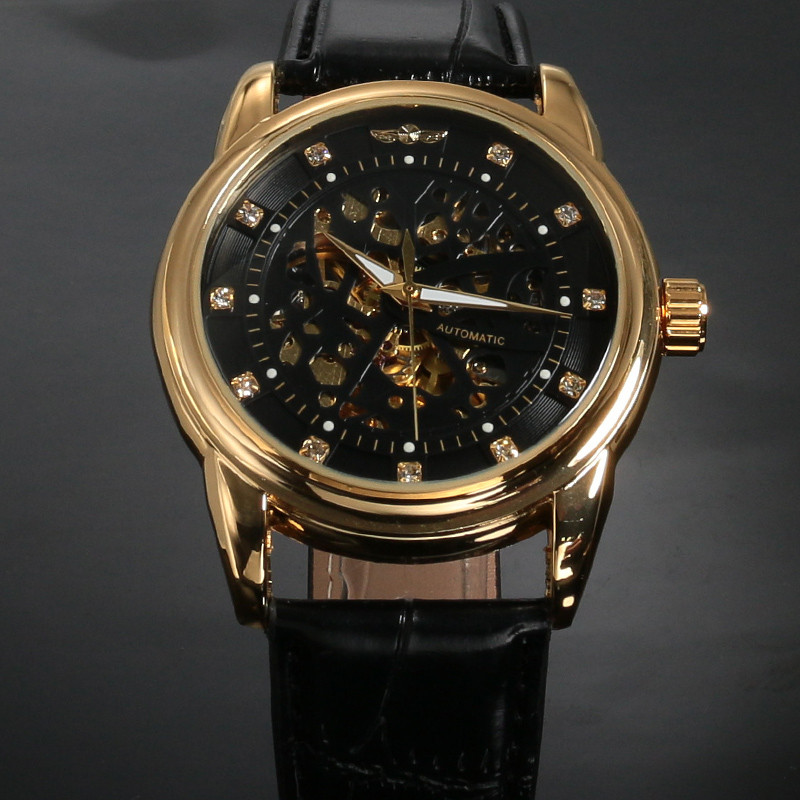 Moda Vencedor Topo Marca De Luxo Real Diamante Design Preto Ouro Montre Homme Masculino Relogio Esqueleto Relógios Pulso