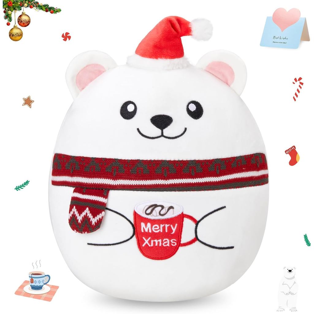 Almofada de Pelúcia Urso Polar de Natal Houwsbaby 14", Urso Polar Criativo Segurando Chocolate Quente, Macio e Super Aco