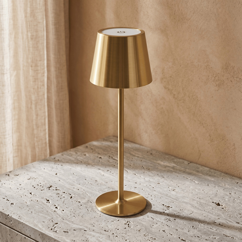 Luminaria De Mesa Sem Fio Abajur Recarregavel USB Metal Dourado Quarto Sala Escritorio Luxo 38cm