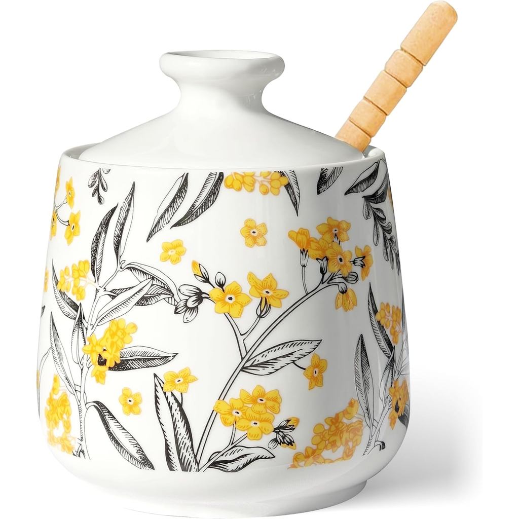 Pote de Mel de Cerâmica JUSONEY com Colher e Tampa, Pote de Mel de 9,5oz com Padrão de Osmanthus Dourado, Dispensador de