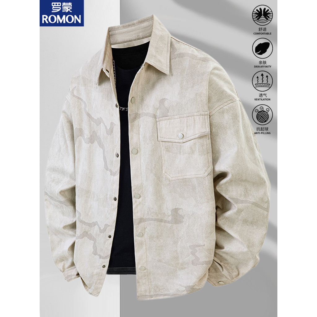 Lomon 2026 novo estilo primavera pesado solto camisa de manga comprida masculina Casual camuflagem ferramentas All-Match
