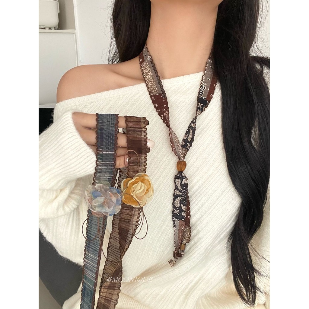 Retro caju flor lenço de seda colar feminino início do outono atmosfera estilo longo Pullable camisola corrente moda Mel