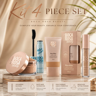 Kit Boca Rosa 4 Peças Base Alta Cobertura + Corretivo + Pó Solto + Máscara de Cílios