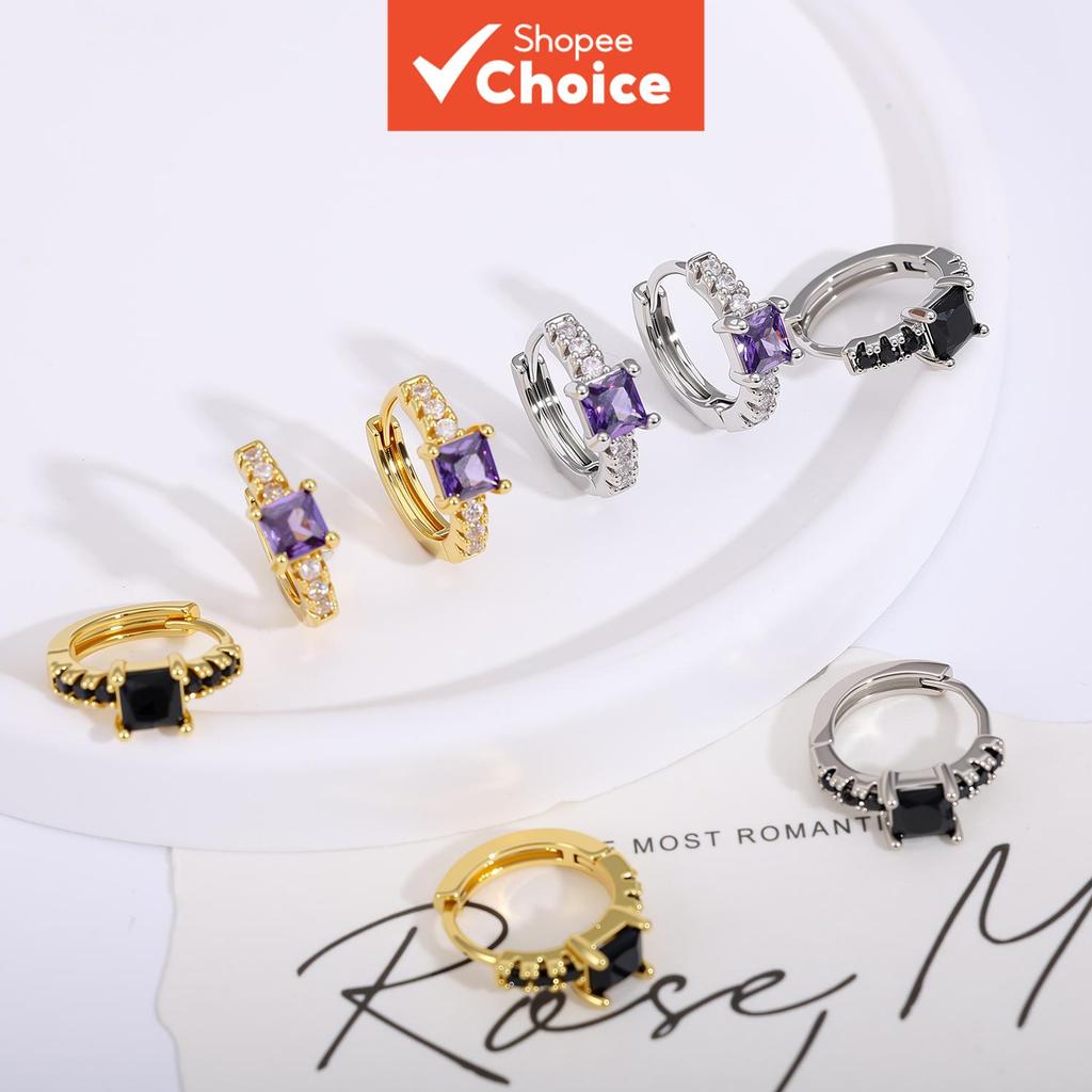 Um par de brincos femininos com zircônia colorida em formato quadrado, banhados a ouro 18k e cobre, acessório romântico