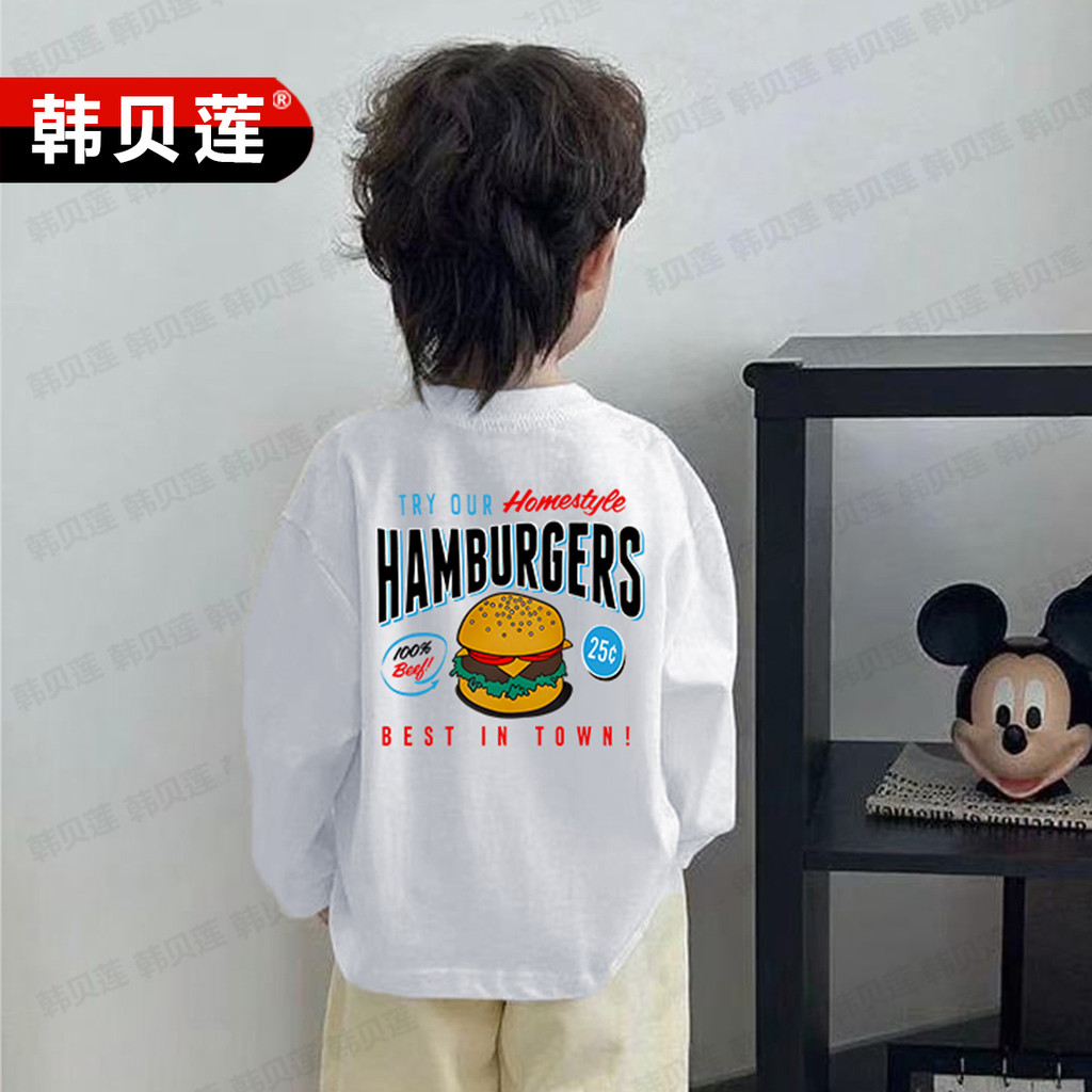 Camiseta de manga comprida infantil primavera outono roupas meninos hambúrguer impressão camisa de fundo bebê Casual top