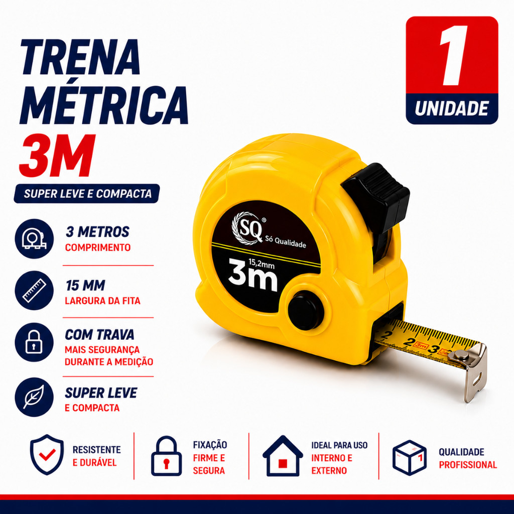 Trena 3 Metros Profissional Medição Precisa Com Trava Ferramenta Manual
