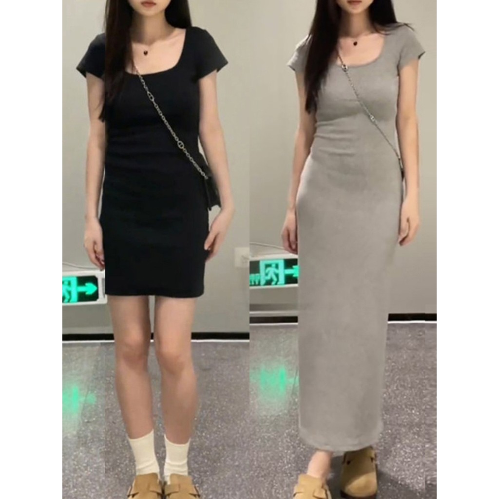 Menina quente vestido fino feminino verão cor sólida comprimento médio manga curta camiseta saia magro Hip-embalado saia