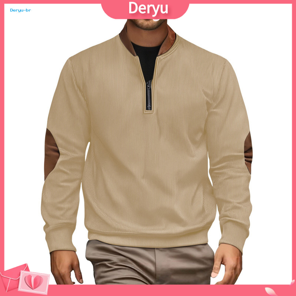 Breathable Half Zipper Jacket Plaid Stand Collar Sweatshirt Men's Half-zip with Elbow Patch Pullover Long Sleeve for Wor