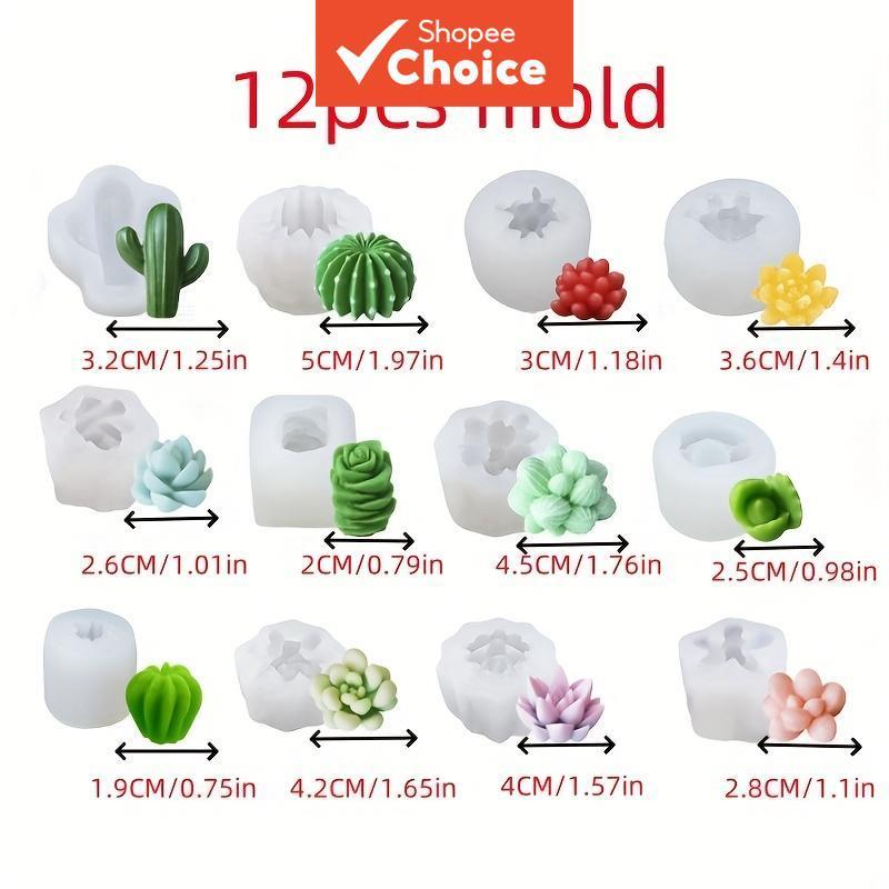 12 peças moldes de silicone de suculentas de cacto, moldes de velas de plantas suculentas 3D, velas de aromaterapia de
