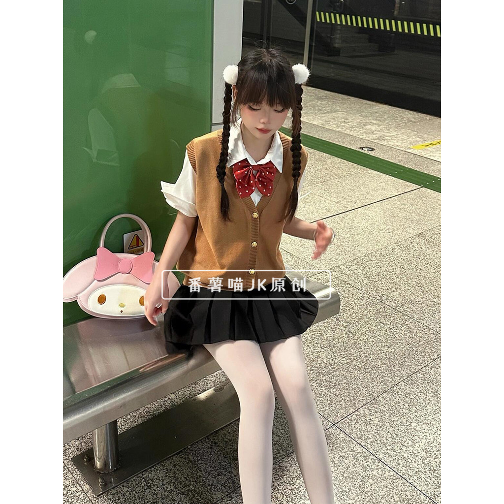 Batata doce Meow Jizhou chá jk colete feminino primavera outono velho camisola estilo Preppy em camadas camisola de forn