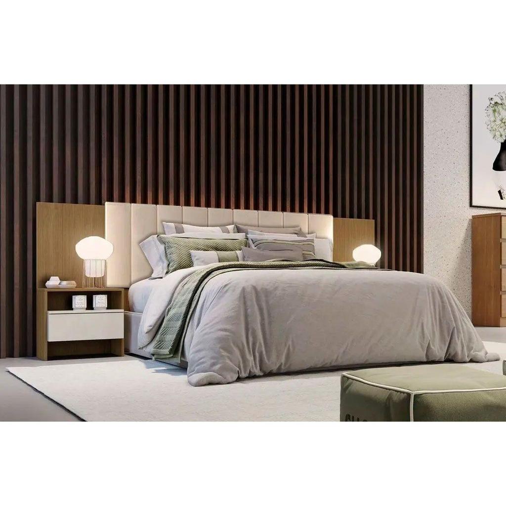 Painel Cama Box Madeirado Cor Cumaru/Fendi Casal Everest Plus 2 Mesas c/ 2 Gavetas Cumaru/Fendi - Novo Horizonte
