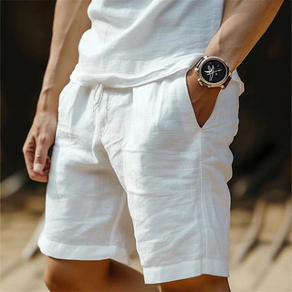 Verão masculino imitação de algodão linho Casual calças médias Shorts cordão cintura elástica perna reta cor sólida resp