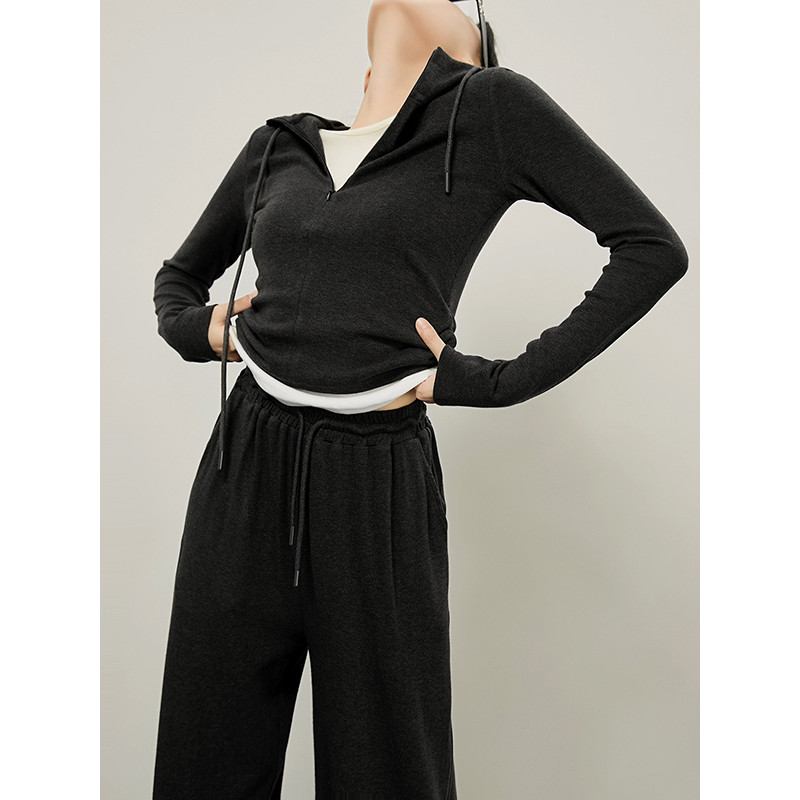 Preto cinza falso de duas peças superior calças de perna larga Casual terno de duas peças feminino enorme bonito início