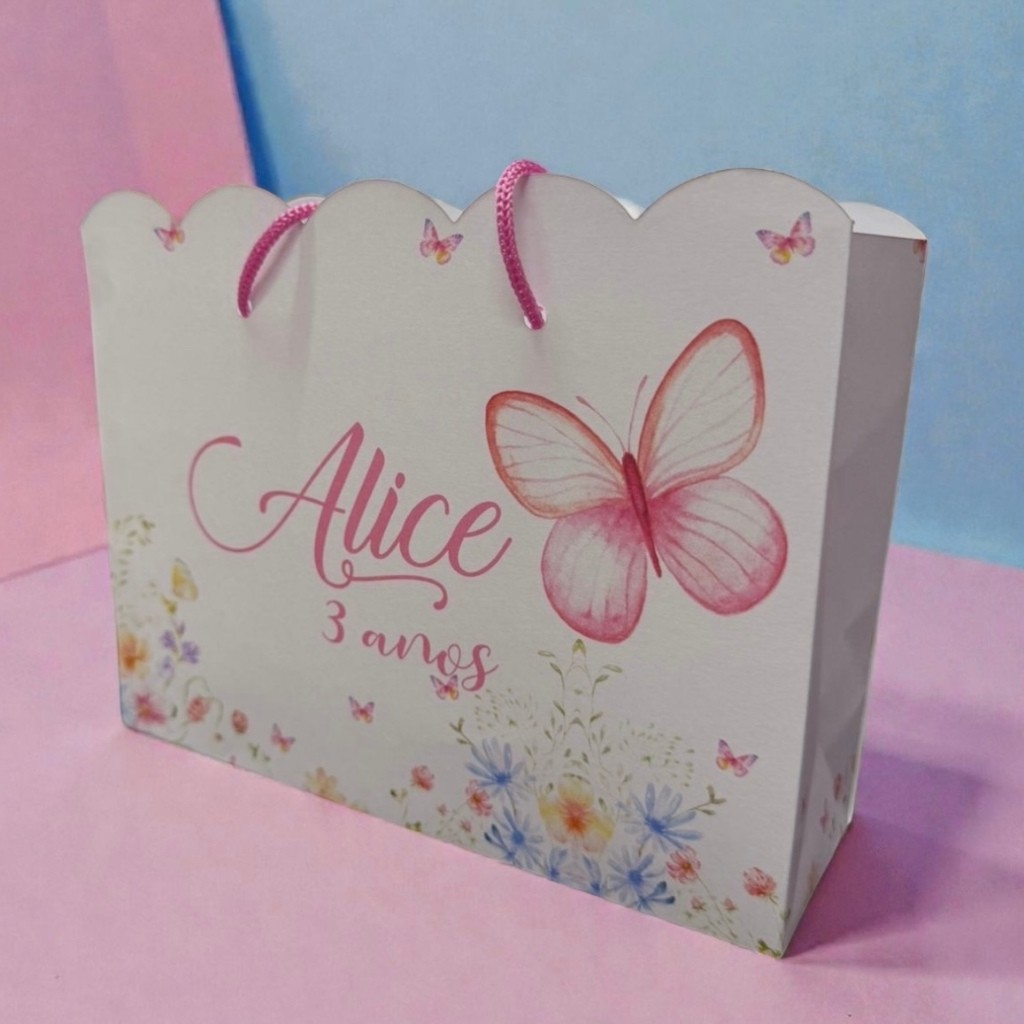 Sacolinhas Jardim Encantado rosa borboletas Personalizadas – Lembrancinha Festa Infantil (20x16x6)