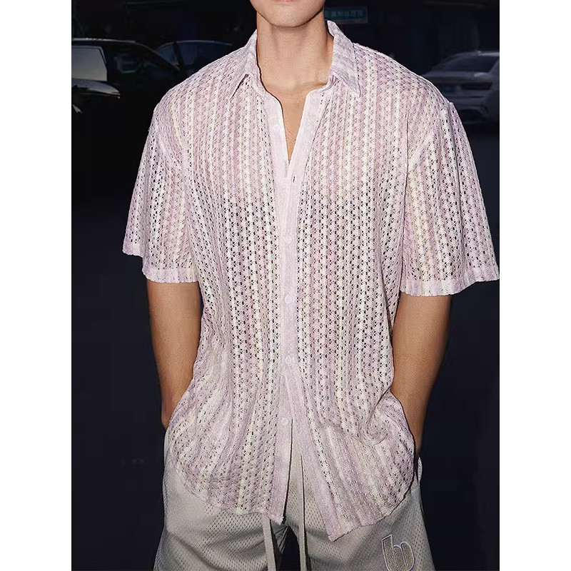 2026 Retro oco camisa masculina roupas de verão estilo Hong Kong estudante solto nicho Design diversão roupas masculinas
