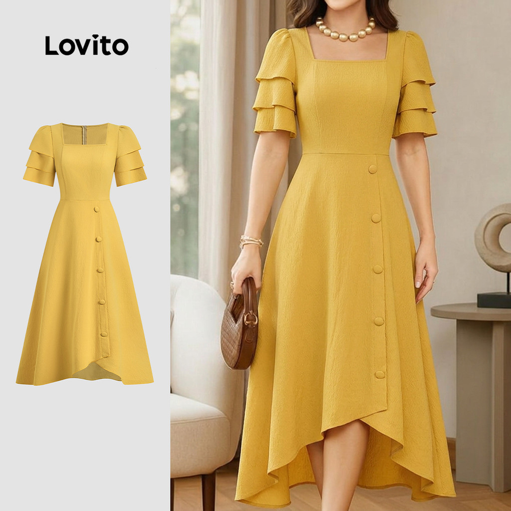 Lovito Vestido Elegante de Verão com Botão Duplo de Camadas e Babado Amarelo par