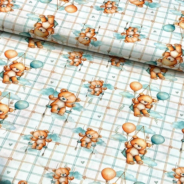 Tecido Tricoline Digital Urso Ursinho no Balanço e Balões Fundo Xadrez Laranja e Azul
