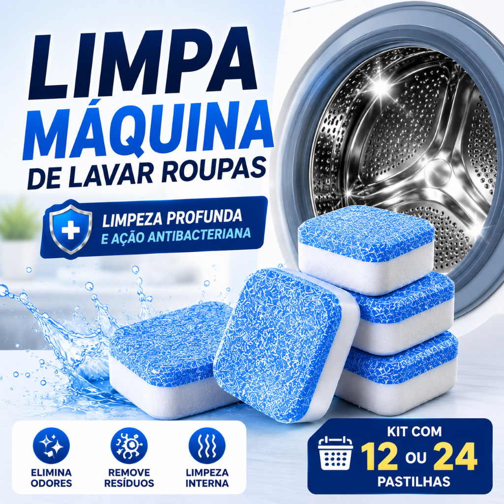 Limpa Máquina de Lavar Roupas Kit 12 ou 24 Pastilhas Efervescentes Antibacterianas Elimina Odores