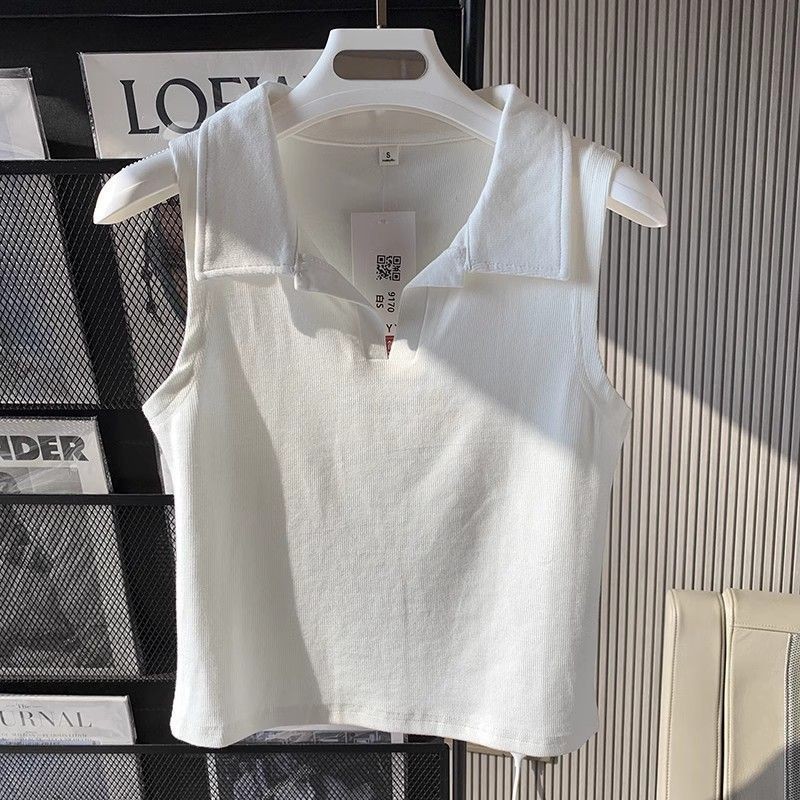 Polo polo colarinho branco colete feminino outono novo estilo Design sentido estilo ocidental curto sem mangas camisa de