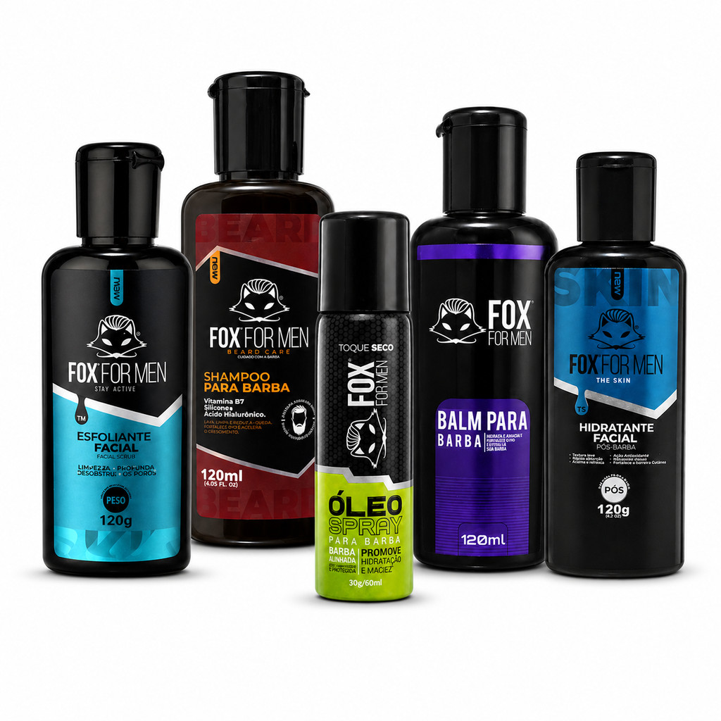 Kit Barba Shampoo Balm Óleo Esfoliante Pós Barba  Masculino 5 em 1 Fox For Men  Macia Sem Frizz