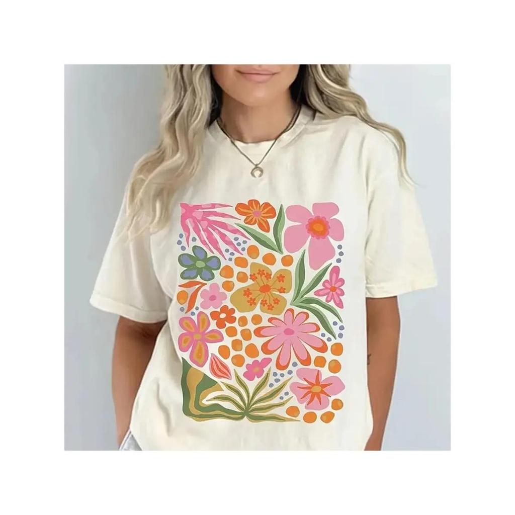 Camiseta Feminina Estampada Flores Primavera Colorido 100%  Algodão Confortável Estilosa