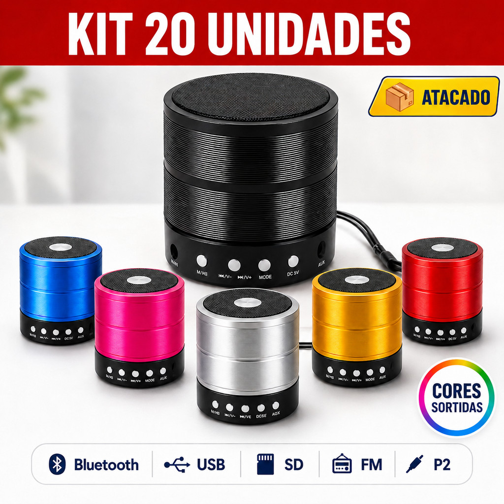 Kit 20 Unidades Mini Caixa de Som Bluetooth 887 Caixinha Portátil USB SD FM P2 Bateria Recarregável Atacado