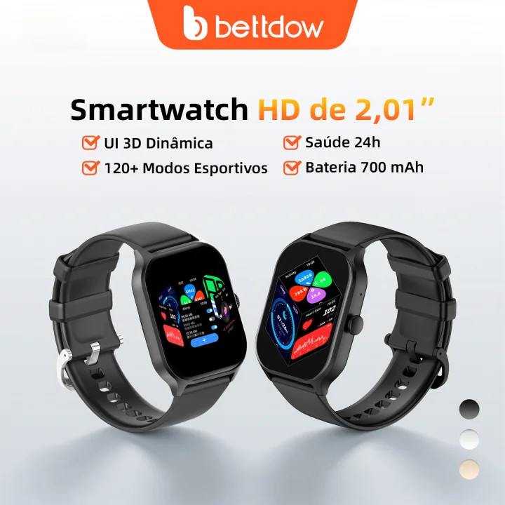 O smartwatch BETTDOW de 700mAh possui uma tela HD de 2,01 polegadas,monitoramento de saúde e uma interface de usuário 3D