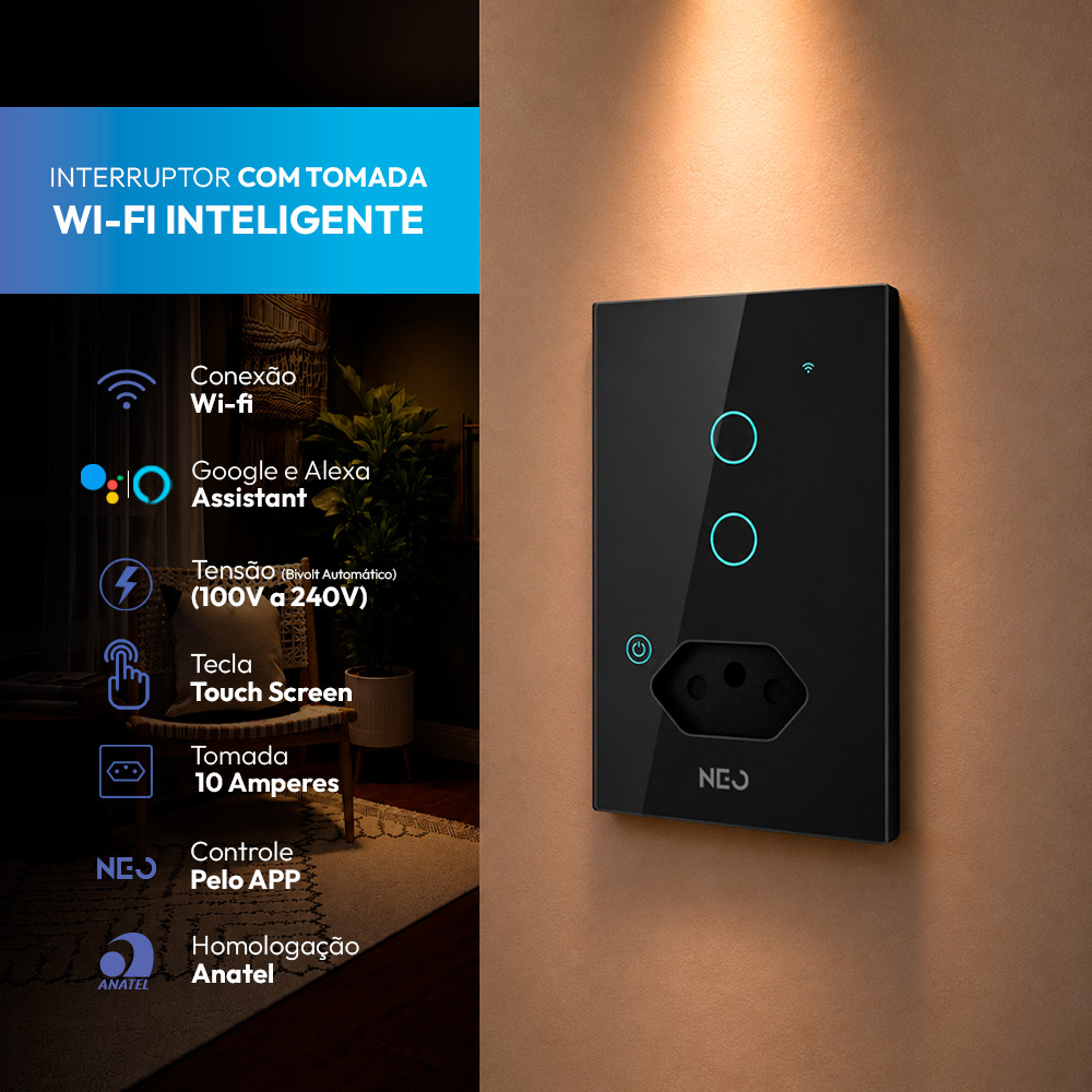 Imagem Interruptor com Tomada Smart Wifi 2.4GHz Alexa google 1 2 Botões 4x2 Bivolt Preto Branco Neo Avant