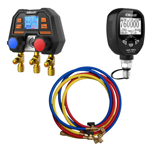 Kit Elitech Premium Manifold + Vacuômetro + Mangueiras