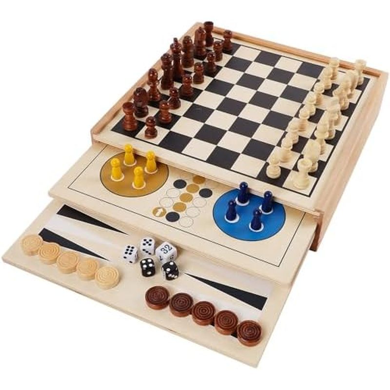 ooden Board Game Set for Kids Adults, Tabletop Combo Classic Travel Portable Board Games (Chess, Checkers, Chinese Check