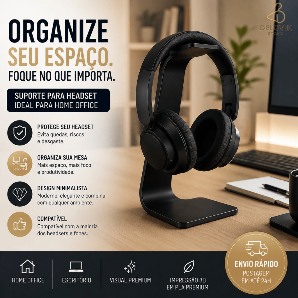 Suporte Headset Home Premium | Organizador de Mesa para Fones | Setup Gamer e Home Office