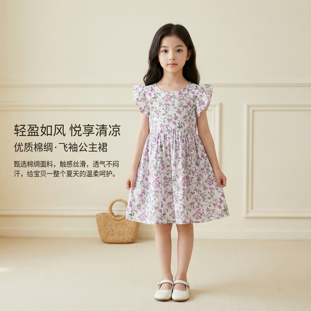 Meninas vestido de verão crianças saia respirável casa camisola floral algodão seda médio crianças praia floral vestido 
