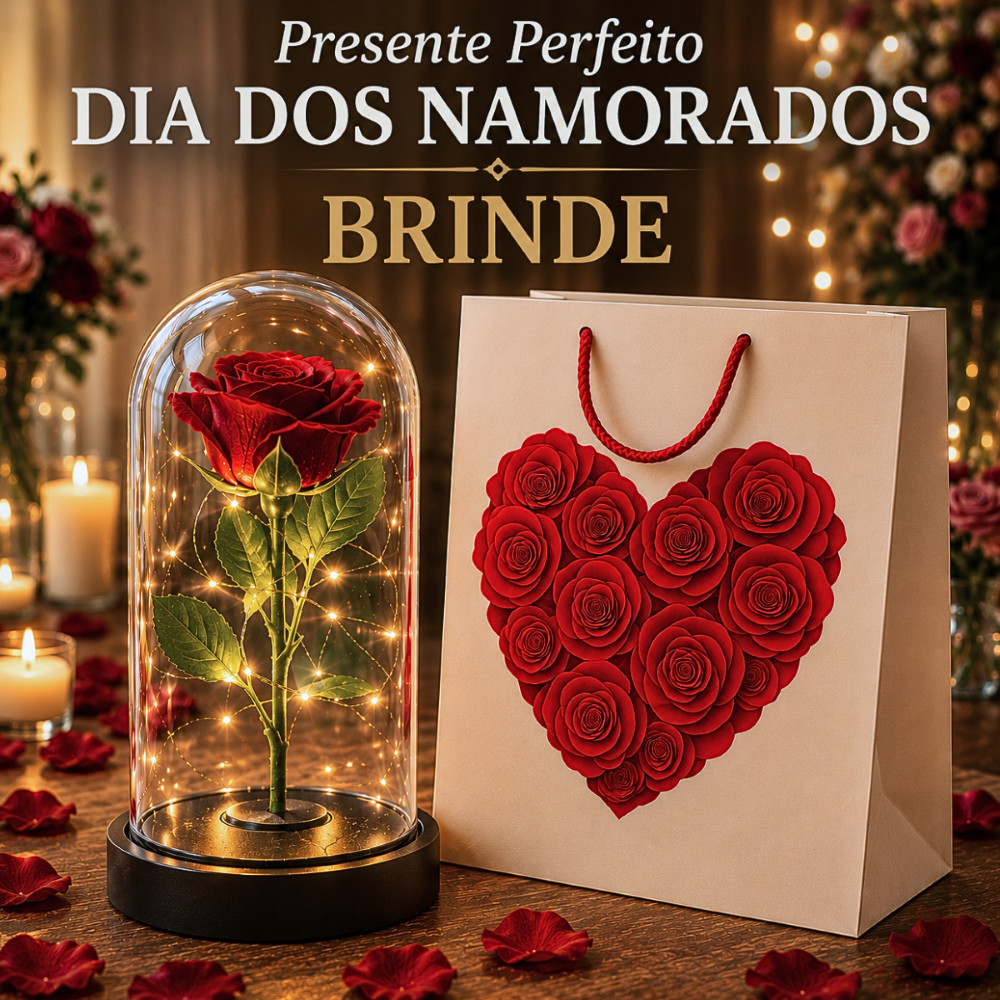 Flor na Cupula Rosa Eterna com LED Vidro Presente Dia dos Namorados