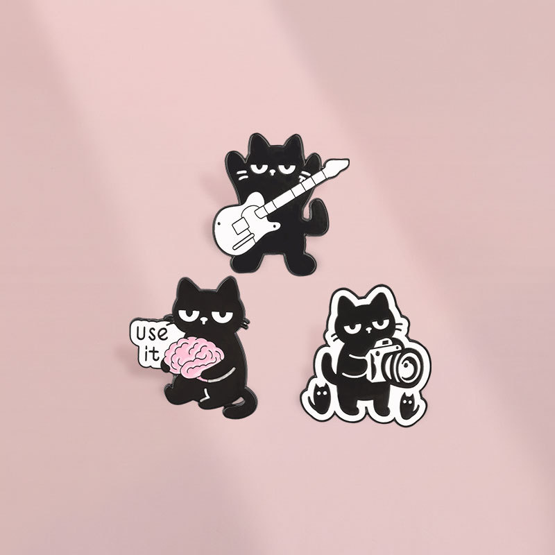 Conjunto De Broche Esmaltado De Gato Preto , Câmera De Guitarra Legal , Alfinete De Lapela Cerebral Para Mochila , Acess