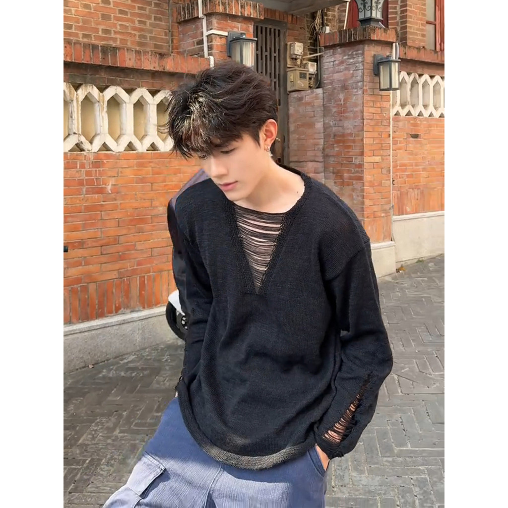 Preto de malha oco manga comprida camiseta masculina primavera americano High Street Design moletom modelo masculino cam