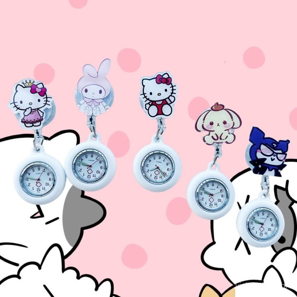 Relógio de bolso de enfermeira extensível com desenho animado, relógio de peito fofo para meninas com clipe, relógio de