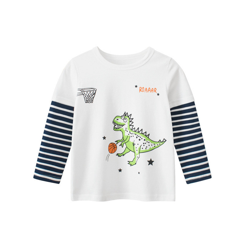 27 crianças marca roupas infantis meninos crianças puro algodão manga comprida camiseta camisa de fundo falso dinossauro