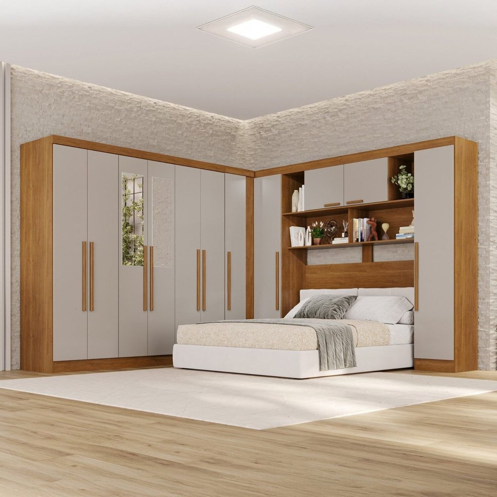 Guarda-Roupa de Canto com Espelho Modulado 11 Portas 2 Gavetas Brasil Marrom/Cinamomo/Off-White Cinamomo/Off White
