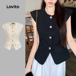 Lovito Elegante Regata Feminina Lisa Preta Com Botões Frontais Para O Verão/primavera LNE38198 (multicolorida)