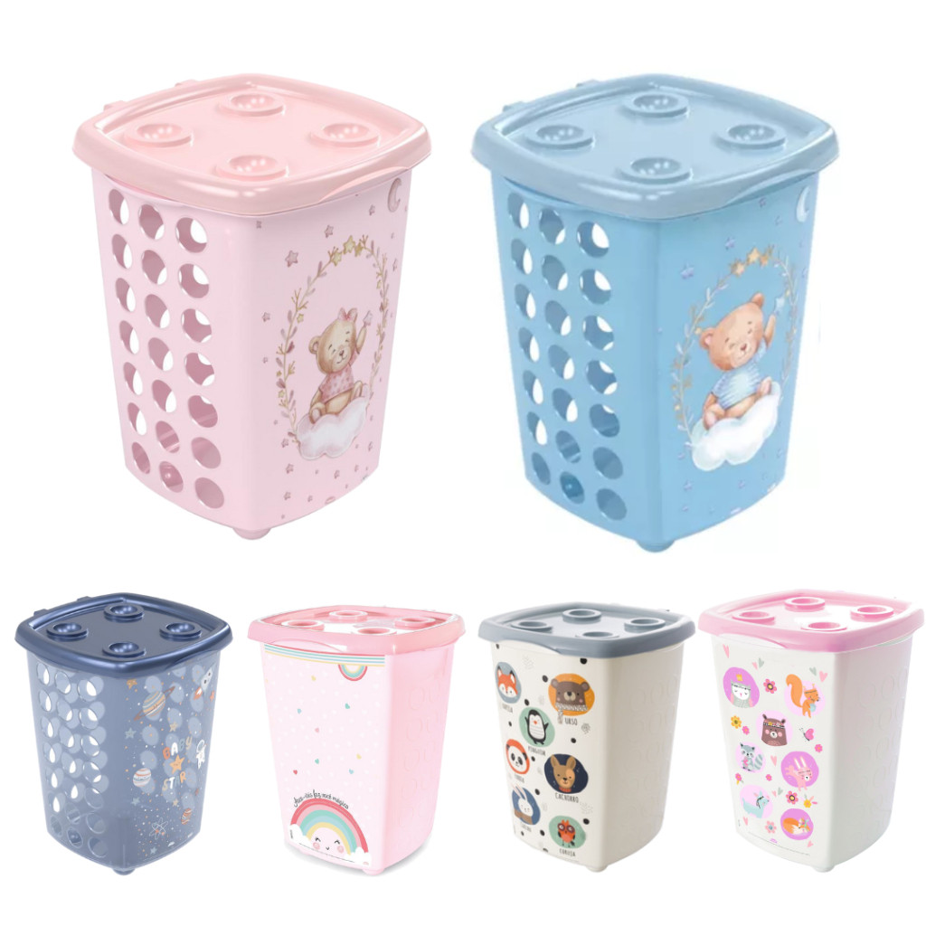 Cesto com Tampa Plasútil 38L | Estampa infantil, organização prática para quarto e lavanderia