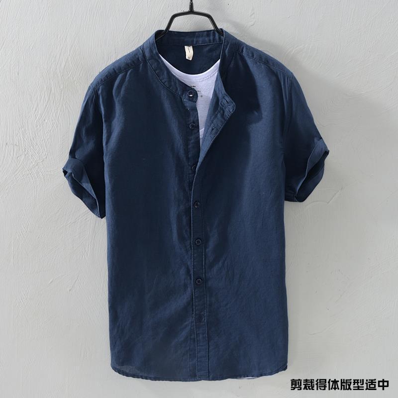Camisa de manga curta de linho masculina gola alta solta Retro fina respirável All-Match polegada camisa azul escuro