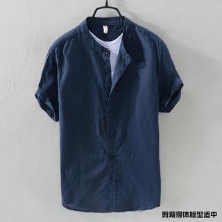 Camisa de manga curta de linho masculina gola alta solta Retro fina respirável All-Match polegada camisa azul escuro