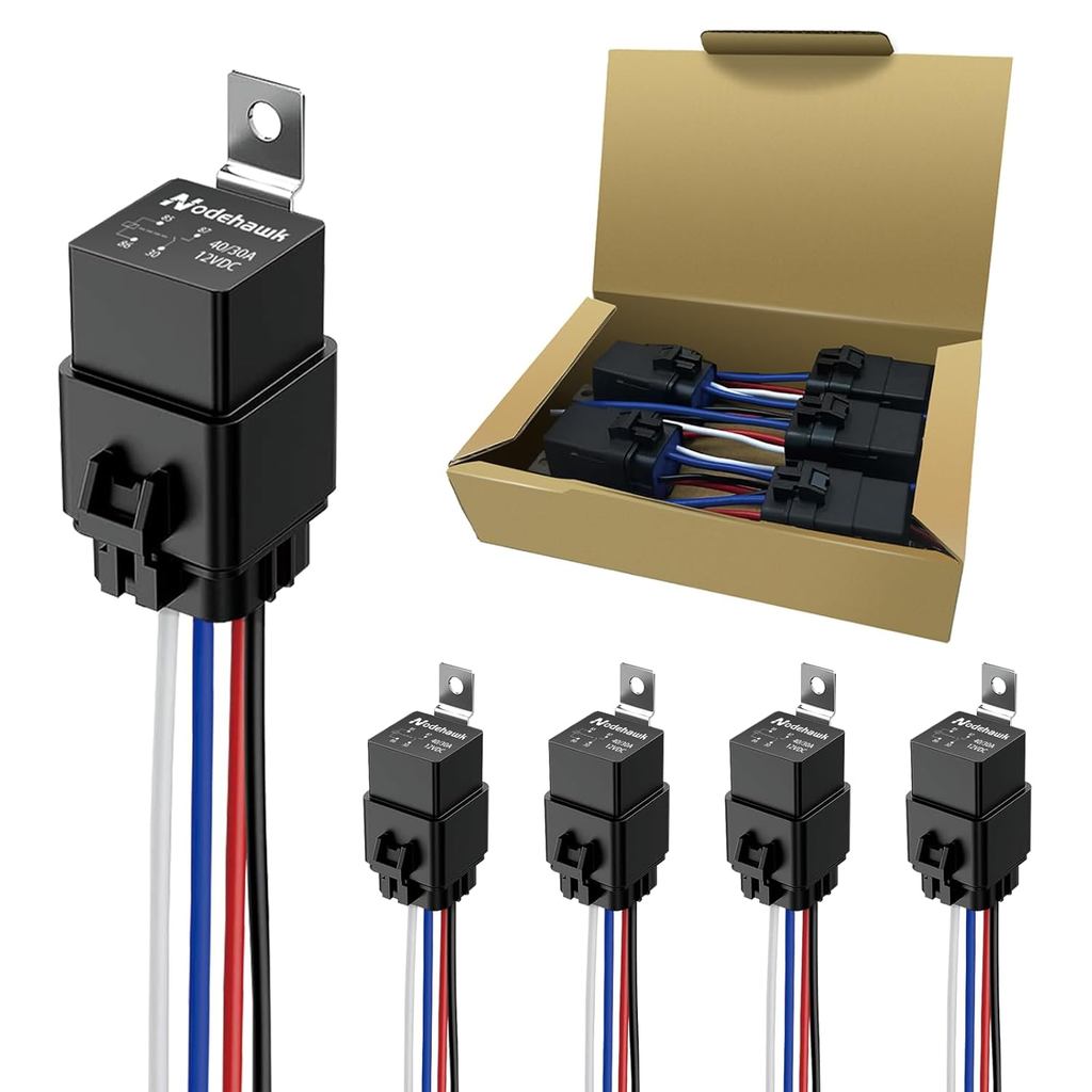 Relé de 4 Pinos 40/30A 12V DC para Automóveis, Relé à Prova d'Água com Fiação de Cobre Estanhado 12 AWG, Pacote com 5 Un