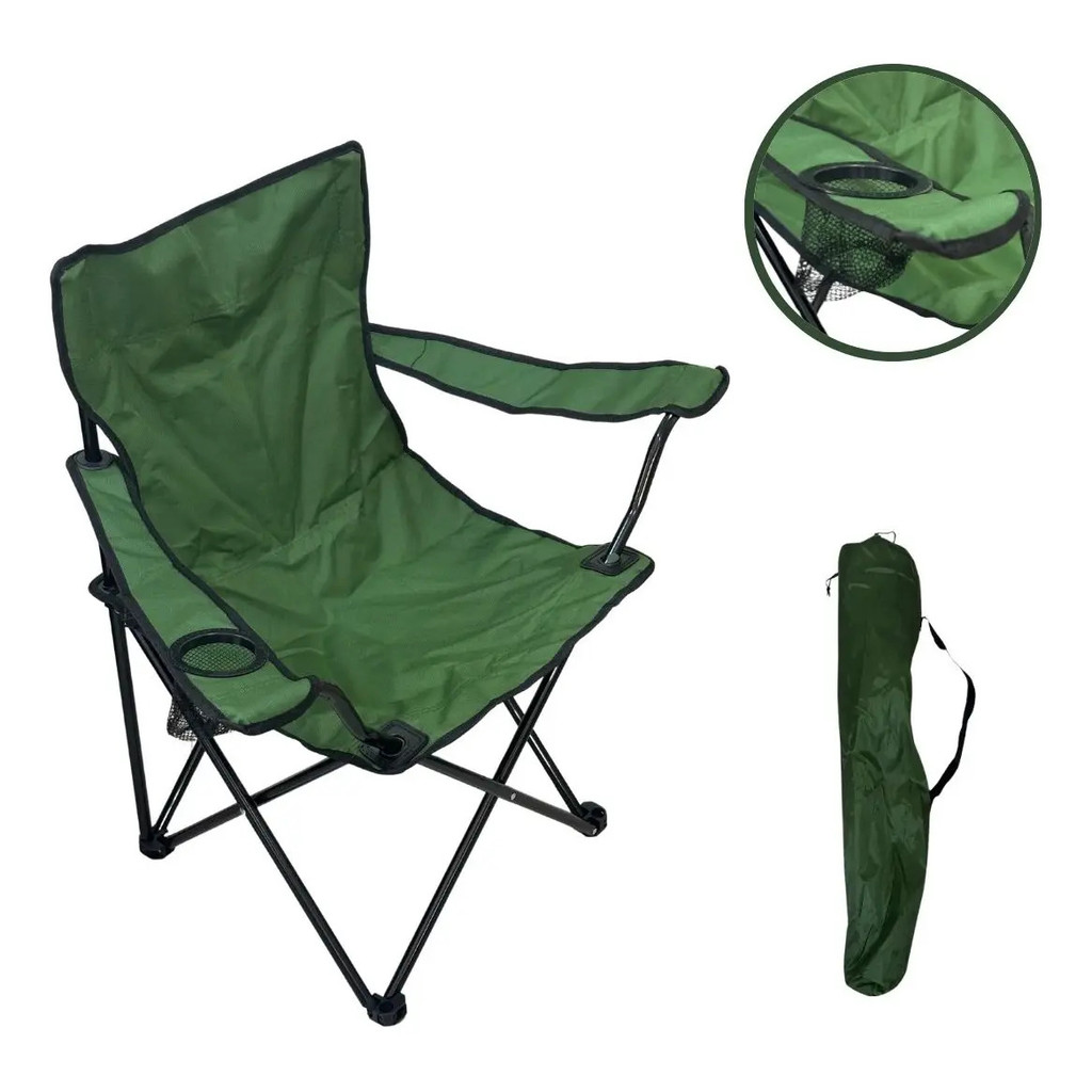 Cadeira Camping Dobrável Porta-Copos Apoio Braços 95kg Bolsa Transporte Verde