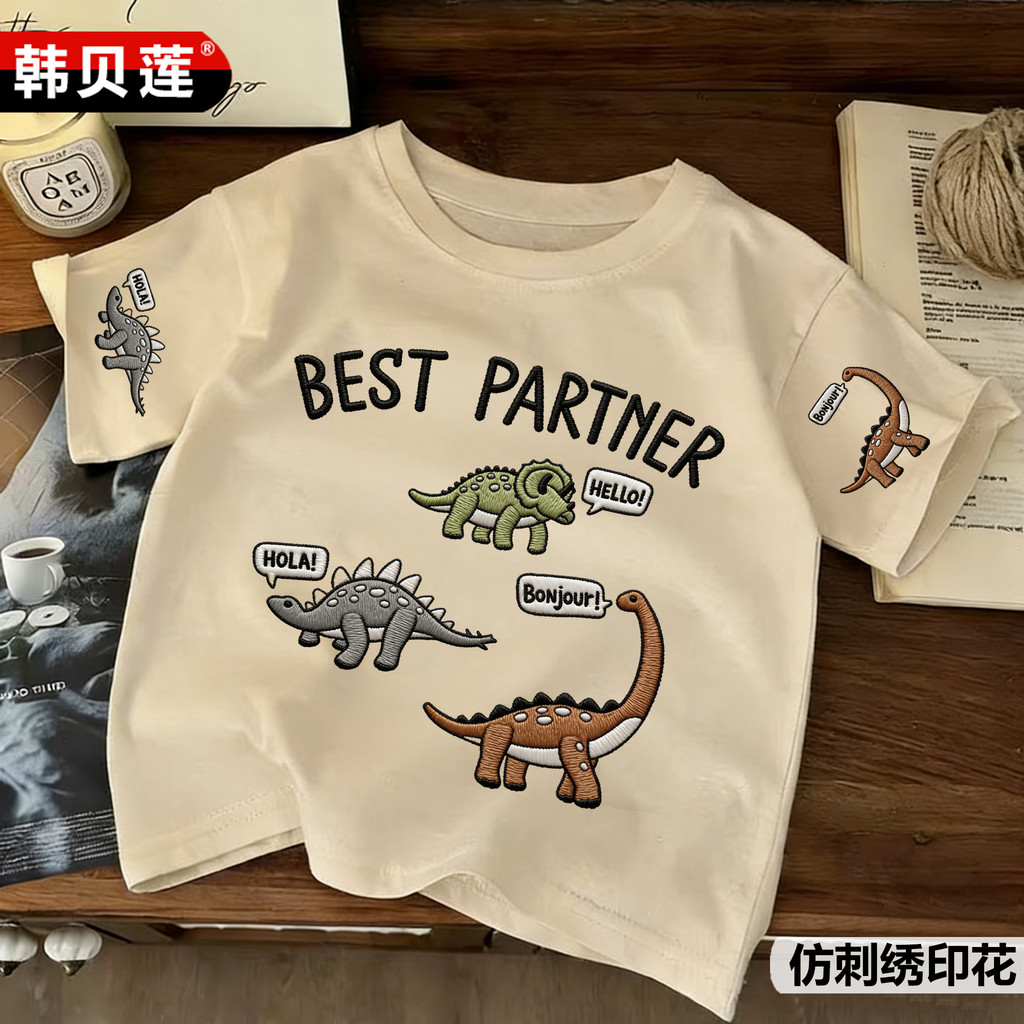 Meninos camiseta de manga curta verão novos produtos dinossauro impressão médio pequeno crianças camiseta bonito