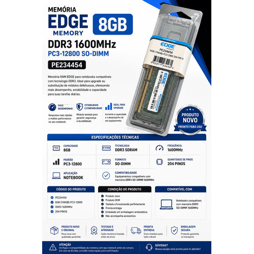 Memoria Edge 8gb Pc3-12800 1600mhz 204p Pe234454 Notebook