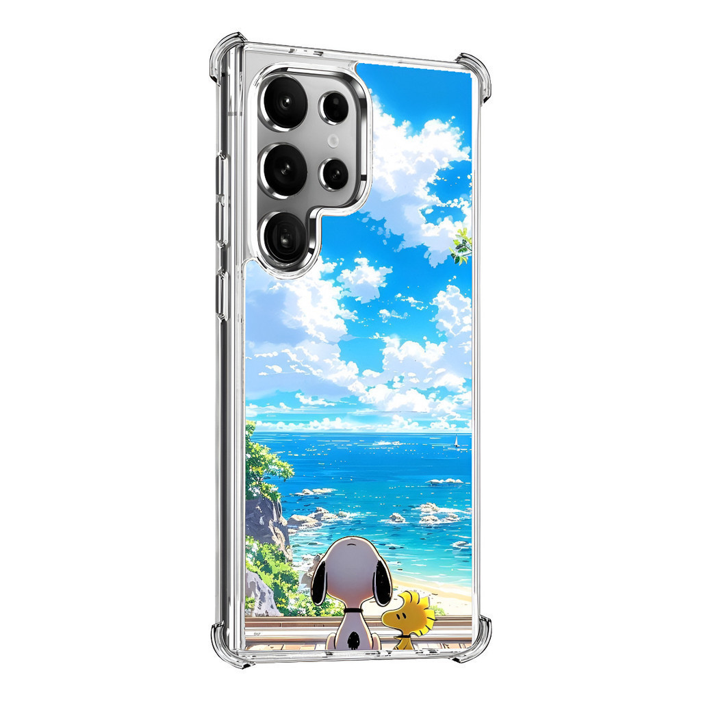Capa protetora à prova de choque da Samsung com janela Snoopy Peanut Sea View.